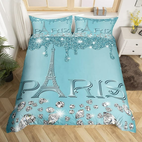 Teal Paris Bedding, Eiffel Tower Duvet Cover for Girls, Girly Marble Sparkles Diamond Comforter Cover Bedroom Decor, Glitter Sequins Quilt Cover with 2 Pillowcases Lightweight