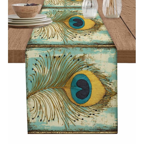 Teal Peacock Feathers Table Runner 48 Inches, Retro Abstract Art Watercolor Bed Runner Dresser Scarves Tabletop for Indoor Outdoor Parties/Ceremony/Banquet, 13" x 48"