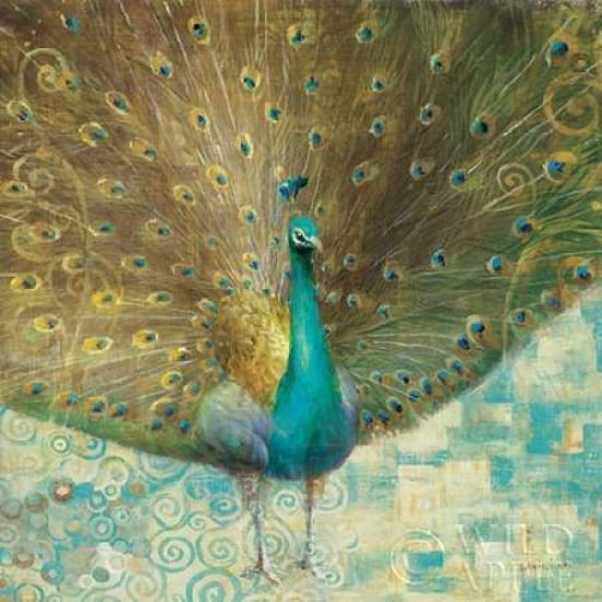 Teal Peacock on Gold Canvas Art - Danhui Nai (24 x 24)