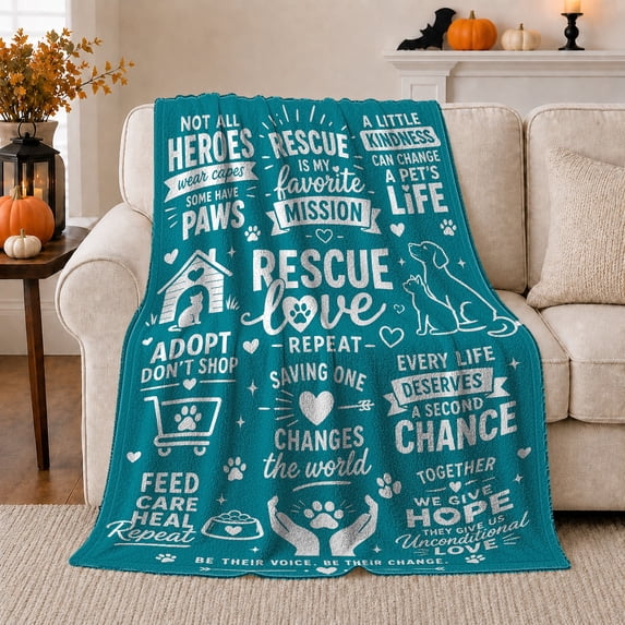 Teal Pet Rescue Advocacy Collage Dog Cat Silhouettes, Cozy Typography Art Scene, Warm Flannel Blanket for Living Room and Reading Nook, Animal Lovers Pet Adoption Gift, Artistic Home Decor