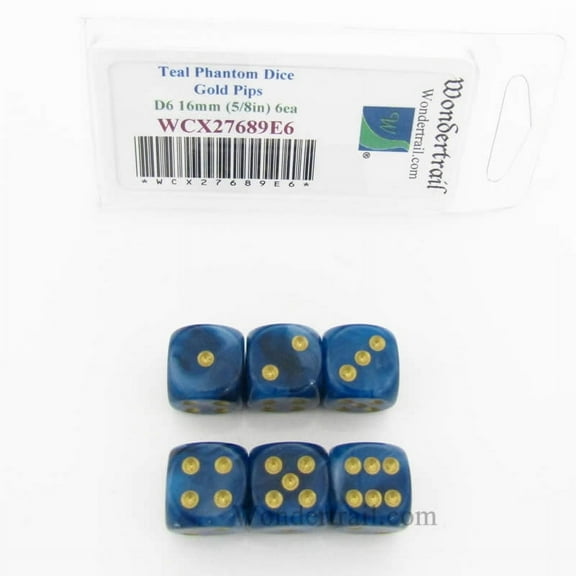 Teal Phantom Dice with Gold Pips 16mm (5/8in) D6 Set of 6 Wondertrail