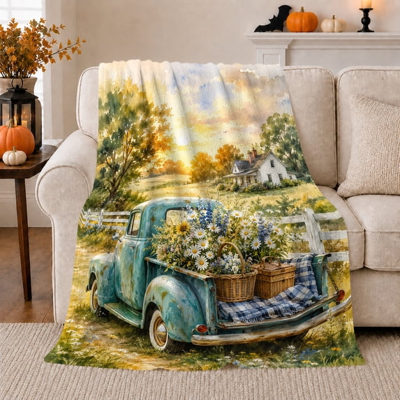 Teal Pickup Truck with Wildflowers, Nostalgic Watercolor Style for Cottage Lovers, Cozy Country Field Scene, Flannel Blanket for Living Room and Bedroom, Housewarming Gift and Country Home Decor