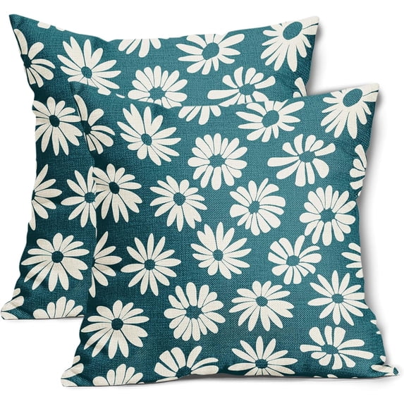 Teal Pillow Covers 16X16 Inch White Floral Daisy Geometry Decorative Couch Pillow Cases Spring Summer Flower Decorative Throw Pillows Set of 2 Rustic Home Decor for Room Couch Porch Patio