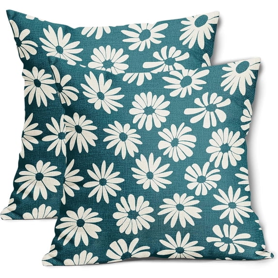 Teal Pillow Covers 20X20 Inch White Floral Daisy Geometry Decorative Couch Pillow Cases Spring Summer Flower Decorative Throw Pillows Set of 2 Rustic Home Decor for Room Couch Porch Patio