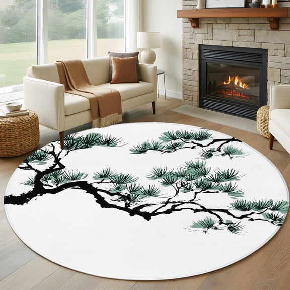 Teal Pine Tree 6ft Round Rugs, Farmhouse Botanical Country Washable Non-Slip Area Rugs for Living Room Bedroom Kitchen, Soft Low Pile Dining Room Kicthen Circle Carpet, Indoor Floor Rug