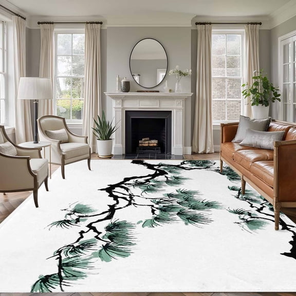 Teal Pine Tree Area Rugs 5'x8', Washable Small Throw Rugs for Classroom Bedroom, Farmhouse Botanical Country Indoor Outdoor Rug Non-Slip Low Pile Carpet Runner Reversible Floor Mats