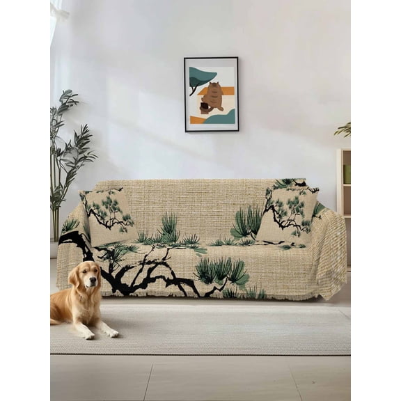 Teal Pine Tree Couch Cover, Farmhouse Botanical Country Rustic Sofa Cover Blanket for Loveseat Couches, Sectional Sofa Slipcover Furniture Protector for Living Room Bedroom 71''x118''