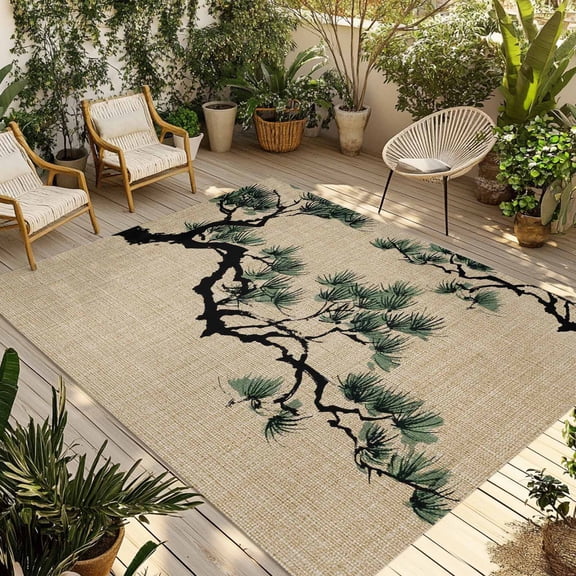 Teal Pine Tree Outdoor Rug 3x5 Ft - Reversible Patio Rug Outdoor Camping Rugs, Farmhouse Botanical Country Rustic Washable Indoor Outdoor Area Rugs, Non-Slip Outdoor Carpet Runner for Deck/Porch