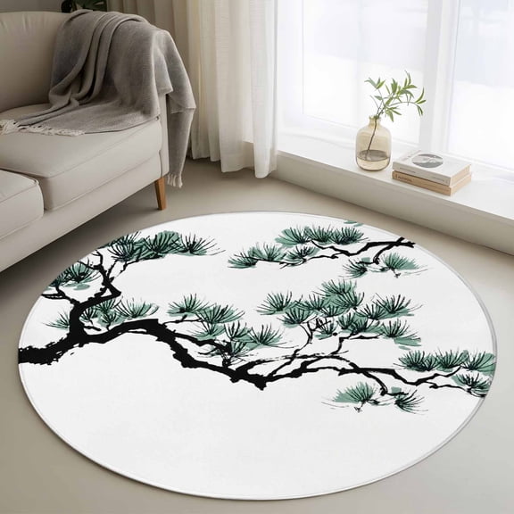 Teal Pine Tree Round Area Rug 3Ft Washable Small Circle Rugs for Kitchen Entryway, Farmhouse Botanical Country Non-Slip Carpet Floor Mats Indoor Outdoor Carpet Runner Aesthetic Home Decor