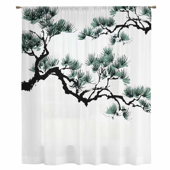 Teal Pine Tree Sheer Curtains 45 Inches Long, Farmhouse Botanical Country Light Filering Curtains, Breathable Simi Curtain Privacy Drapes for Kitchen Bathroom Lightweight Small Window Treatment