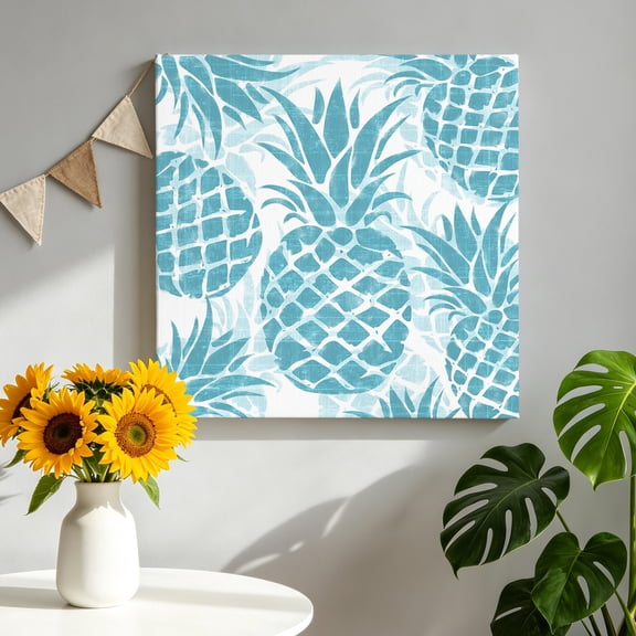 Teal Pineapple Canvas Wall Art for Living Room, Summer Country Vintage Tropical Botanical Fruits Poster Print Painting for Bedroom Office Home Decoration Wall Pictures Prepare To Hang 8"x8"