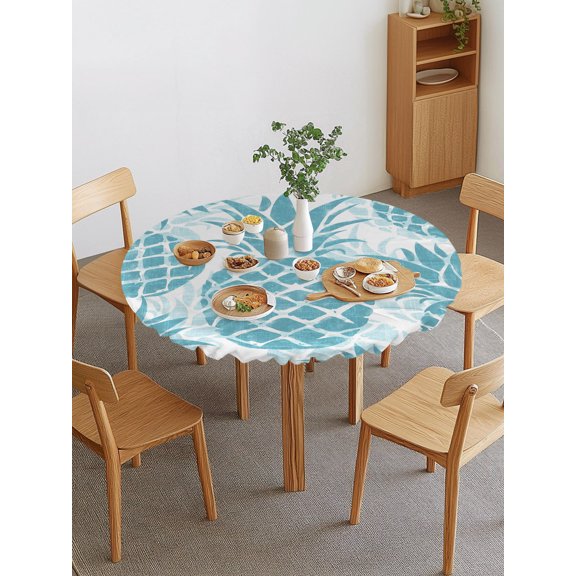 Teal Pineapple Round Fitted Tablecloth with Elastic Edge, Summer Country Vintage Tropical Botanical Fruits Waterproof Stretch Table Covers for 36"-44" Tables Wipeable Table Cloth for Outdoor