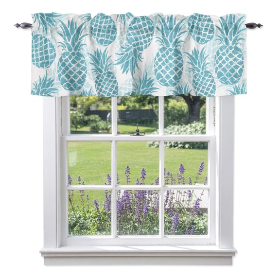 Teal Pineapple Window Valance for Kitchen, Summer Country Vintage Tropical Botanical Fruits Rod Pocket Short Curtains for Bathroom Bedroom Window, Light Filtering Decorative Valances, 42x12 Inch