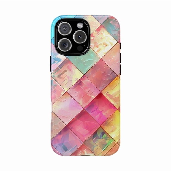 Teal Pink Colored Squares Checkered Brushed Paint Artwork Phone Case for 11 12 13 14 15 16 17 Pro Max
