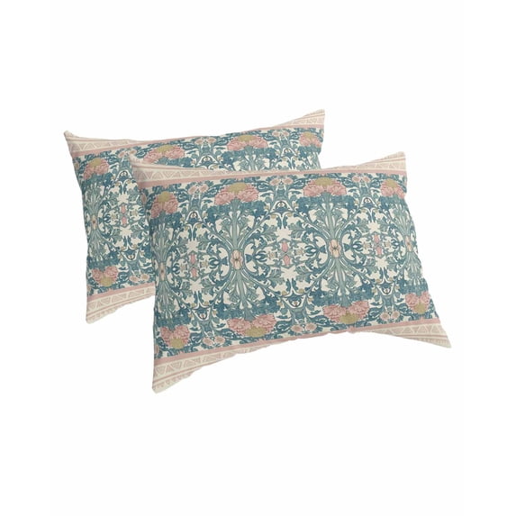 Teal Pink Geometric Pillow Covers Queen Size 2 Pack, Vintage Floral Watercolor Boho Soft Bed Throw Pillowcases Breathable Cooling Long Lumbar Body Pillow Sham Cover for Bed Sofa 20''x30''