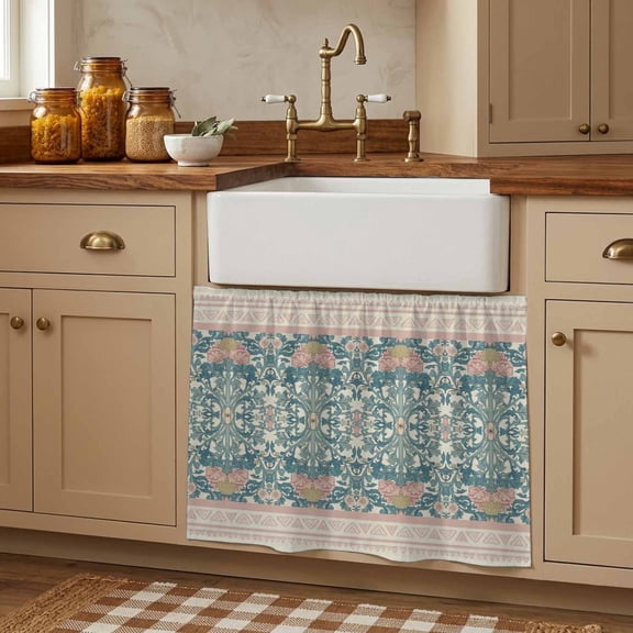 Teal Pink Geometric Small Cabinet Curtains 10.8"W x 13.4"L, Vintage Floral Watercolor Boho Sink Skirt Dust-Proof Short Curtain for Bathroom Vanity Storage Cubby Desk, Self Adhesive Privacy Drapes