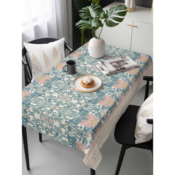 Teal Pink Geometric Tablecloth Rectangle Table Cloth 60x120, Waterproof Tablecloth Outdoor Table Cloth, Vintage Floral Watercolor Boho Washable Table Cover for Kitchen Dinning Party