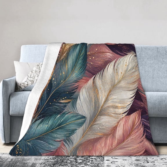 Teal Pink Gold Feather Blanket Gift Throw Blanket Boho Art Gift for Women Bedroom Decor 50x40