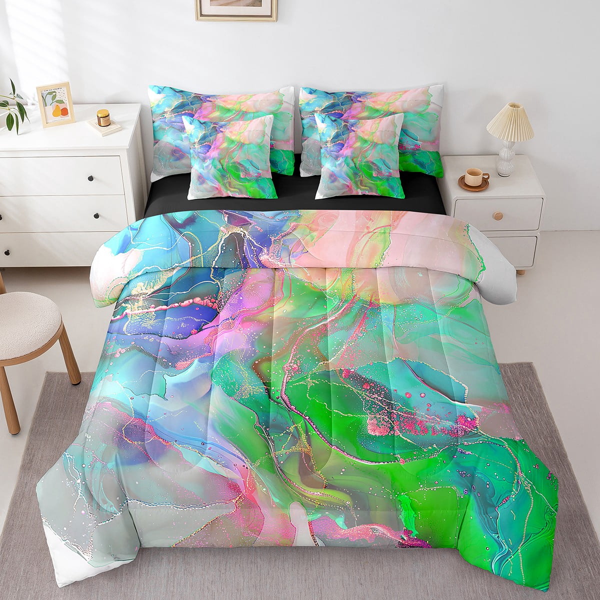 Teal Pink Green Twin Comforter Set 7-Piece Modern Marble Bedding ...
