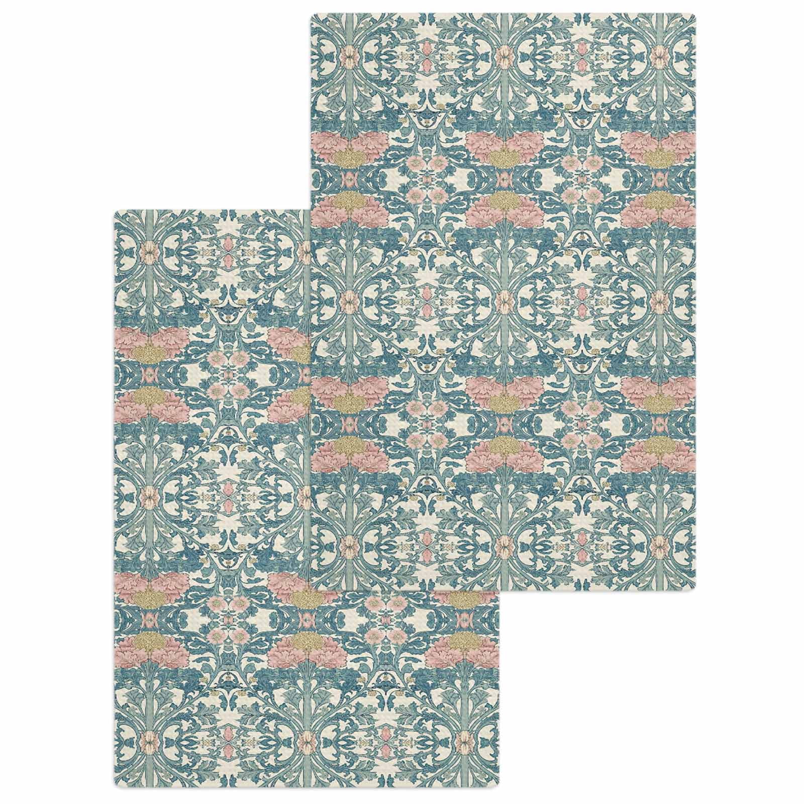 Teal Pink Hand Towels Set, Waffle Weave Kitchen Towels 2 Pieces, Vintage Floral Watercolor Boho Ethnic Microfiber Hair Face Bath Tea Towel Absorbent Quick Drying Cleaning Dish Cloths, 15.7"x23.6"