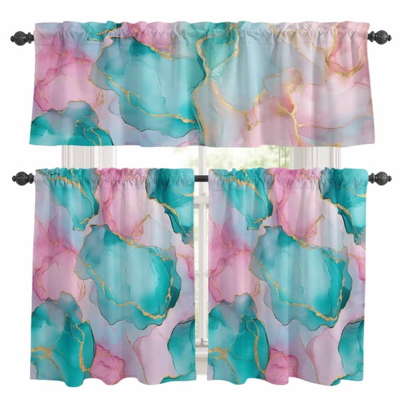 Teal Pink Kitchen Curtains Sets for Windows 24 Inch Length, Modern Abstract Ink Painting Art Marble Rod Pocket Window Treatments Tier Curtains and Valances Set for Bedroom/Bathroom