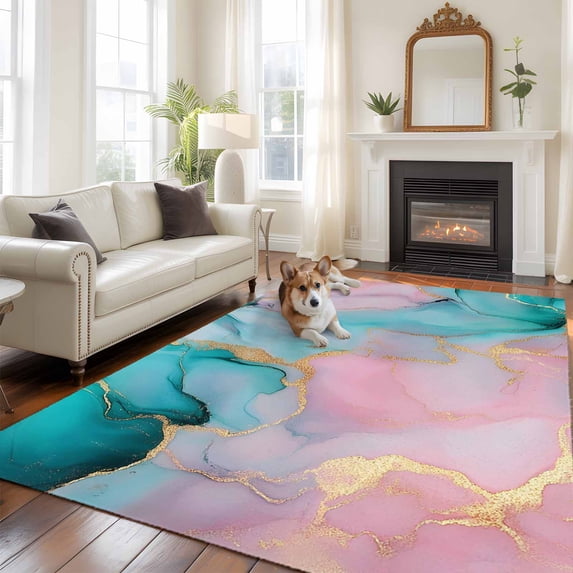 Teal Pink Marble Area Rug 5x8 FT, Non Slip Bedroom Throw Carpet, Abstract Ink Painting Modern Luxury Washable Soft Floor Carpet Non-Shedding Rug for Living Room Nursery Dorm Office