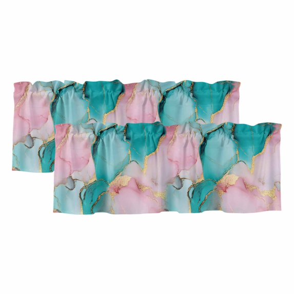 Teal Pink Marble Curtain Valances for Windows, Kitchen Valance Window Treatments Panel 2 Pack, Abstract Ink Painting Luxury Modern Rod Pocket Short Curtains for Bathroom Bedroom 42 x 18 Inch