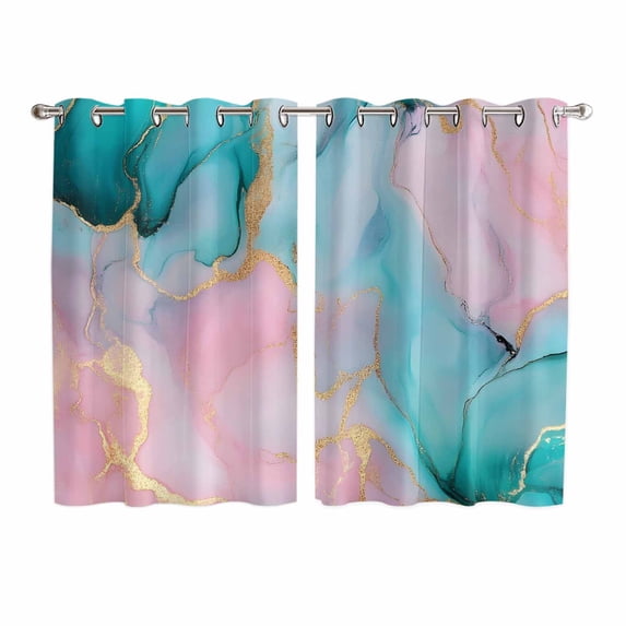 Teal Pink Marble Kitchen Curtains 72 Inch Length, Abstract Ink Painting Modern Luxury Grommet Top Bedroom Living Room Curtains, Light Filtering Cafe Curtain Drapes 2 Panels Set 104''x72''