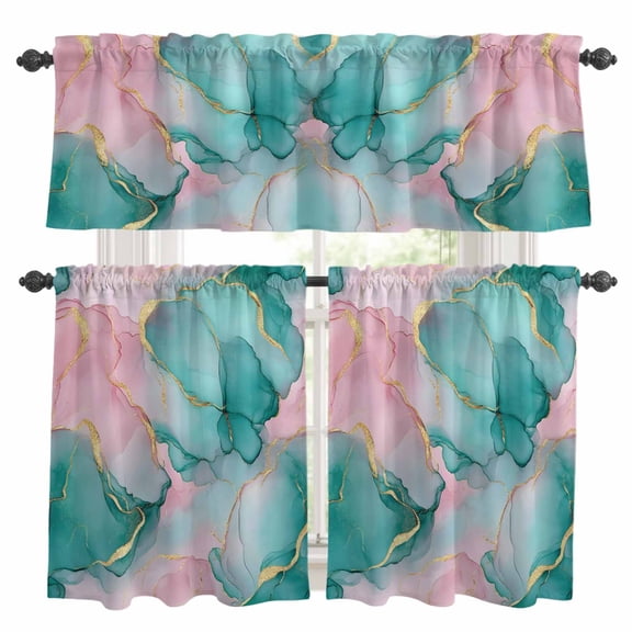 Teal Pink Marble Kitchen Curtains Sets for Windows 24 Inch Length, Abstract Luxury Ink Painting Modern Rod Pocket Window Treatments Tier Curtains and Valances Set for Bedroom/Bathroom