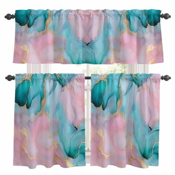 Teal Pink Marble Kitchen Curtains Sets for Windows 36 Inch Length, Abstract Ink Painting Modern Luxury Rod Pocket Window Treatments Tier Curtains and Valances Set for Bedroom/Bathroom