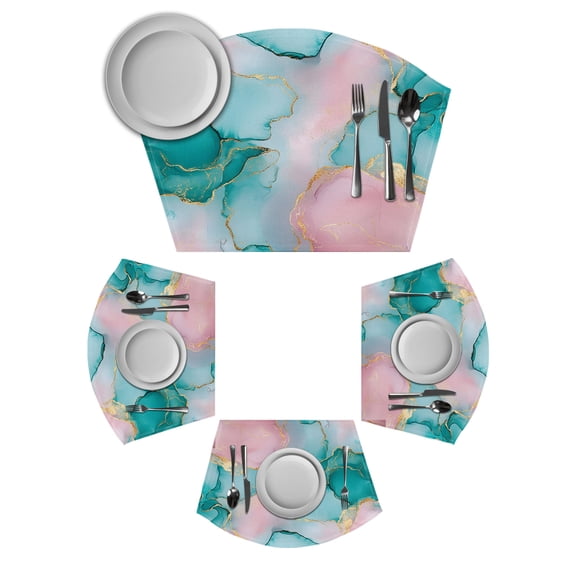Teal Pink Marble Round Table Placemats Set of 2 Wedge Placemats, Modern Art Ink Painting Abstract Place Mats for Dining Table Set Washable Mats Kitchen Decor for Indoor Outdoor Wipe Clean