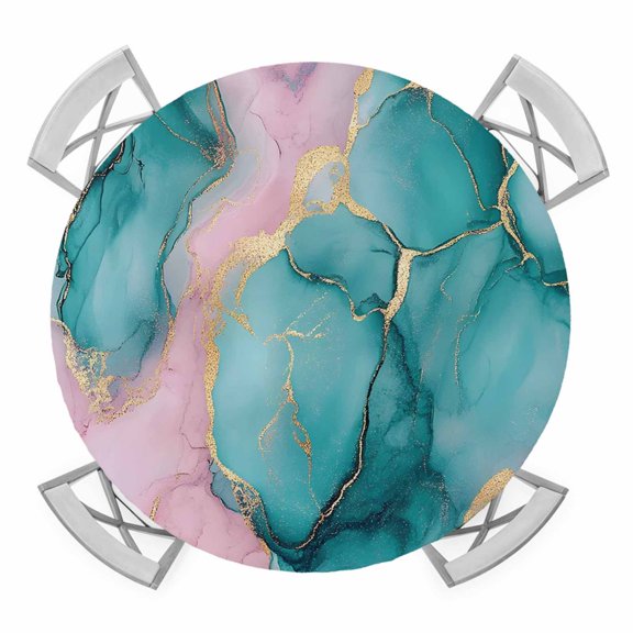 Teal Pink Marble Round Tablecloth for 36-44 Inch Tables,Fitted Table Cover with Elastic Edge,Luxury Abstract Ink Painting Modern Waterproof Outdoor Table Cloth Protector for Patio Garden Dinner