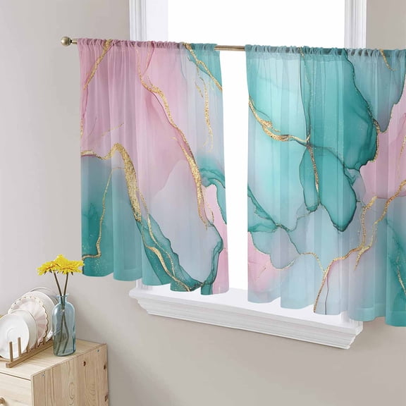 Teal Pink Marble Sheer Curtains 54 Inch Length 2 Panels Set for Living Room/Bedroom, Abstract Luxury Ink Painting Modern Semi Curtain Sheers Drapes Rod Pocket Curtains Window Treatment 52''x54''x2