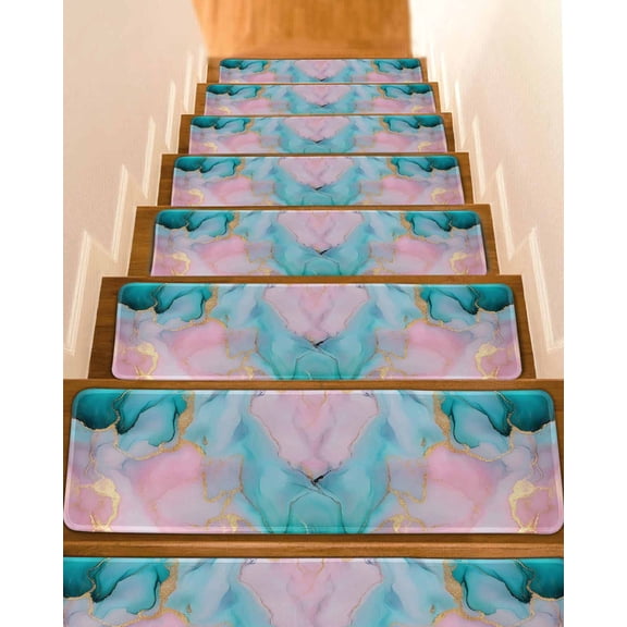 Teal Pink Marble Stair Treads for Wooden Steps Indoor Runner Rug Carpet, Abstract Ink Painting Modern Luxury 7 Pieces Peel and Stick Staircase Step Treads Covers Washable Throw Door Mats, 30"x8"