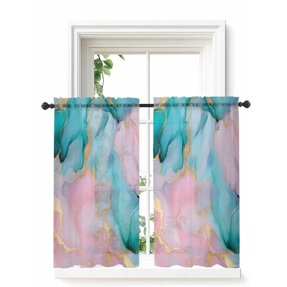 Teal Pink Marble Tier Curtains 45 Inch Length,Sheer Curtains for Bedroom Living Room Window Abstract Ink Painting Modern Luxury Voile Drapes Kitchen Curtains Small Half Window 27.5"x45" 2 Panels