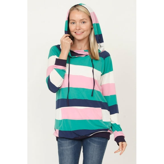 Teal & Pink Multi Stripe Hoodie with Kangaroo Pocket