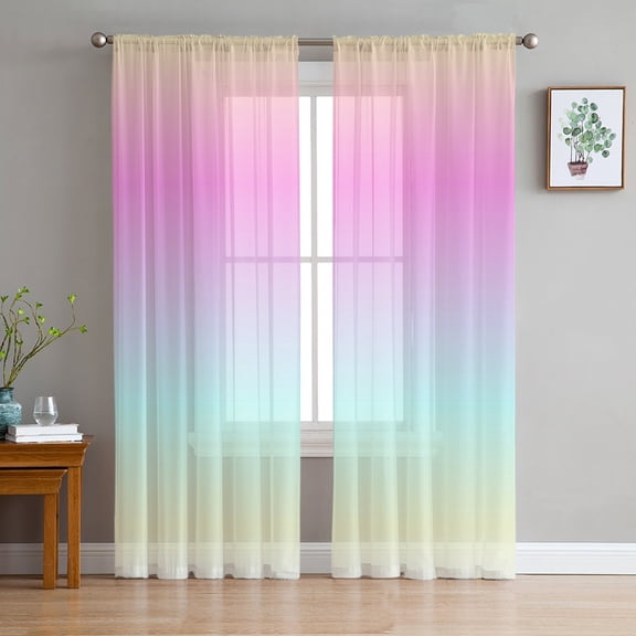 Teal Pink Ombre Sheer Curtains 63 Inches Length 2 Panels Set, Window Sheer Curtains for Living Room/Bedroom, Modern Abstract Art Aesthetics Light Filtering Rod Pocket Curtain 52'' x 63'' x 2