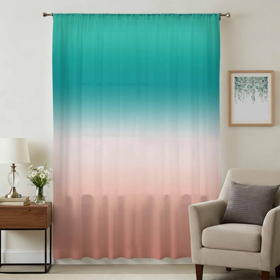 Teal Pink Ombre Sheer Curtains 72 Inches Long, Modern Gradient Abstract Art Light Filering Curtains, Breathable Simi Curtain Privacy Drapes for Living Room Bedroom Lightweight Window Treatment