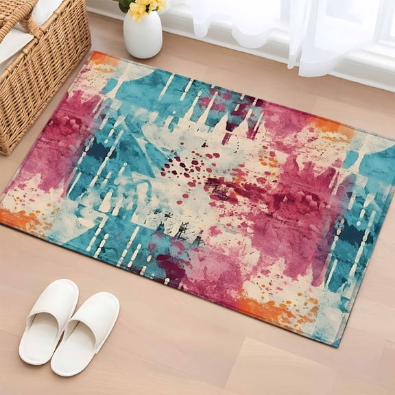 Teal Pink Orange Bathroom Mats 2x3 FT, Non Slip Small Kitchen Mat, Boho Vintage Abstract Splashing Art Washable Soft Backed Front Door Throw Rugs Non-Shedding Indoor Outdoor Doormat for Entryway Sink