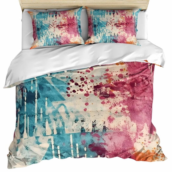 Teal Pink Orange Bedding 3 Piece Duvet Cover Set California King, Boho Vintage Abstract Splashing Art Soft Microfiber Comforter Cover with Zipper Closure & Pillowcases, FadeResistant Quilt Cover
