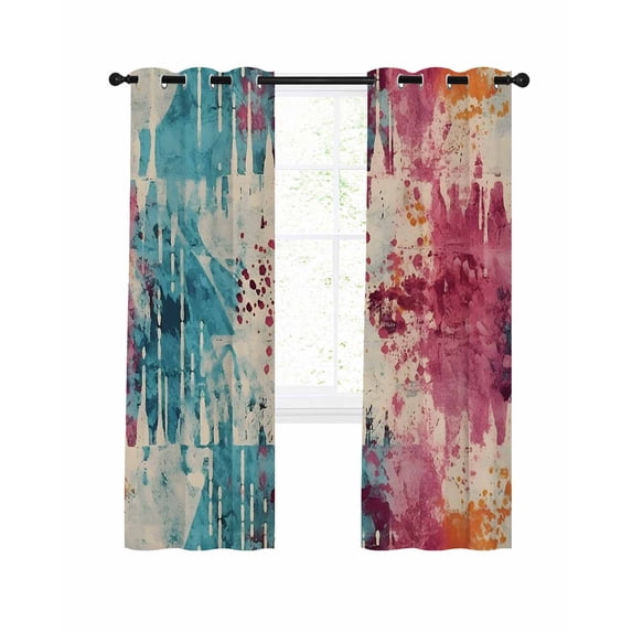 Teal Pink Orange Blackout Curtains 90 Inches Long for Bedroom, Boho Vintage Abstract Splashing Art Thermal Insulated Room Darkening Black Out Window Curtain Panels Grommet Drapes for Living Room