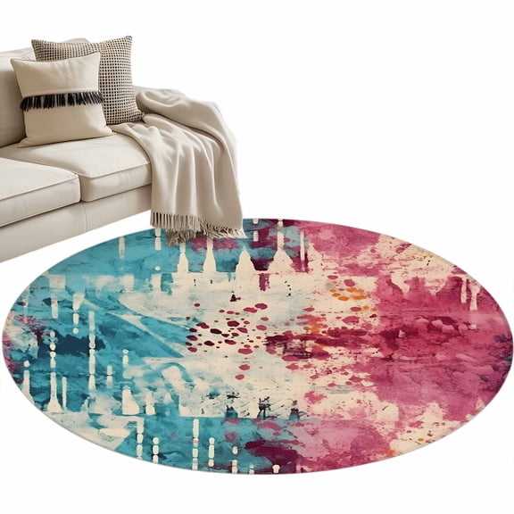 Teal Pink Orange Large Area Rugs for Bedroom Living Room, Soft Non Slip Carpet Bedside Rug, Boho Vintage Abstract Splashing Art Round Floor Cover Kitchen Accent Rug 3.3' for Dining Room/Office