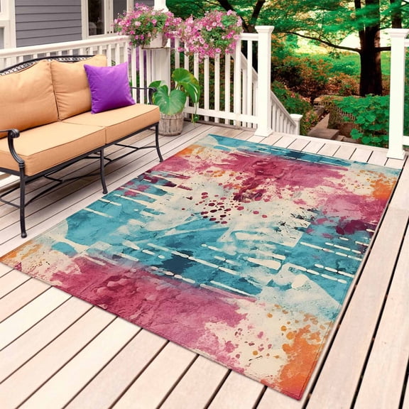 Teal Pink Orange Outdoor Rug for Patio/Deck/Porch, Non-Slip Large Area Rug 5 x 8 Ft, Boho Vintage Abstract Splashing Art Indoor Outdoor Rugs Washable Area Rugs, Reversible Camping Rug Carpet Runner
