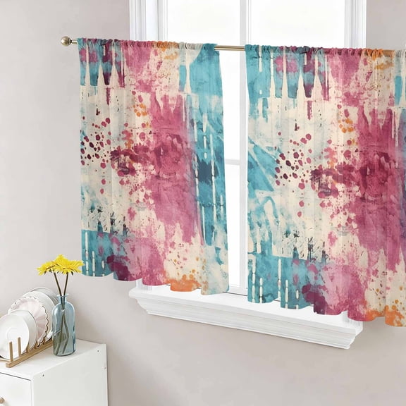Teal Pink Orange Sheer Curtains 45 Inch Length 2 Panels Set, Boho Vintage Abstract Splashing Art Voile Window Treatment Rod Pocket Small Kitchen Curtains Drapes for Bedroom 52"x45"x2