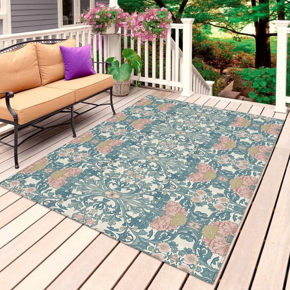 Teal Pink Outdoor Rug for Patio/Deck/Porch, Non-Slip Large Area Rug 5 x 8 Ft, Vintage Floral Watercolor Boho Ethnic Indoor Outdoor Rugs Washable Area Rugs, Reversible Camping Rug Carpet Runner