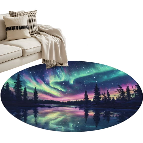 Teal Pink Purple Round Rug 3ft Washable Circle Entryway Rugs Non Slip Evergreen Forest Starry Night Area Rug Indoor Floor Carpet for Bedroom Kitchen Living Room Home Office Dining Room Nursery