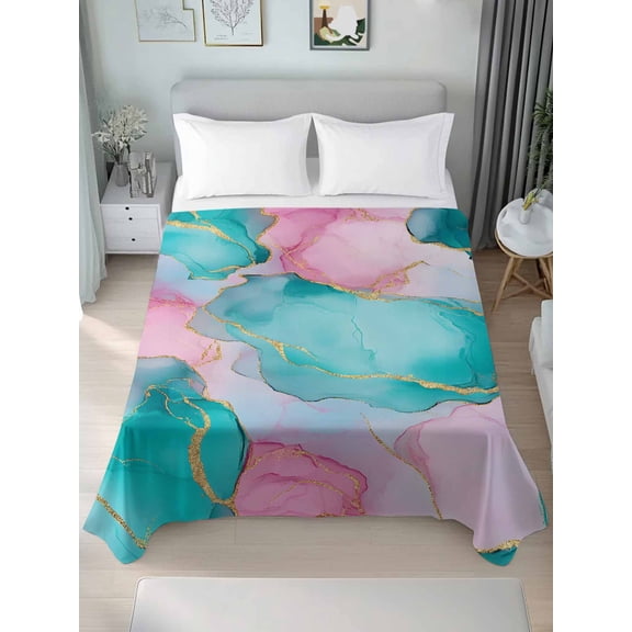Teal Pink Queen Size Flat Sheet, Wrinkleproof & Fadeproof Cooling Flat Bed Sheet Only, Modern Abstract Ink Painting Art Marble Breathable Soft Bedding Top Sheets 90 x 102 Inches