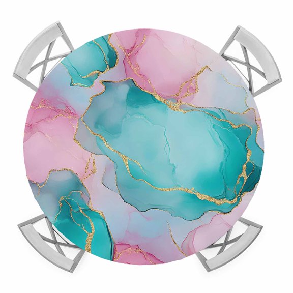 Teal Pink Round Tablecloth for 45-54 Inch Tables, Fitted Table Cover with Elastic Edge, Modern Abstract Ink Painting Art Marble Waterproof Outdoor Table Cloth Protector for Patio Garden Dinner Picnic
