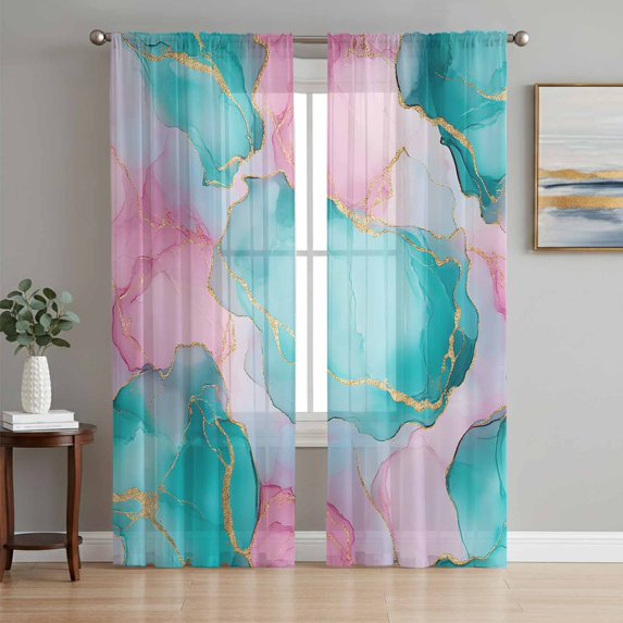 Teal Pink Sheer Curtains 96 Inch Length 2 Panels Set, Modern Abstract Ink Painting Art Marble Voile Window Treatment Semi Sheer Long Curtains Drapes for Bedroom/Living Room/Kitchen 52"x96"x2