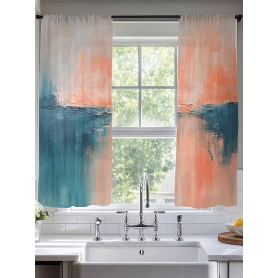 Teal Pink Sheer Curtains for Living Room Bedroom Modern Abstract Ombre Oil Painting Aesthetic Sheer Curtains 63 Inch Long 2 Panels Set Light Filtering Curtain Window Treatments Drapes for Dining Room